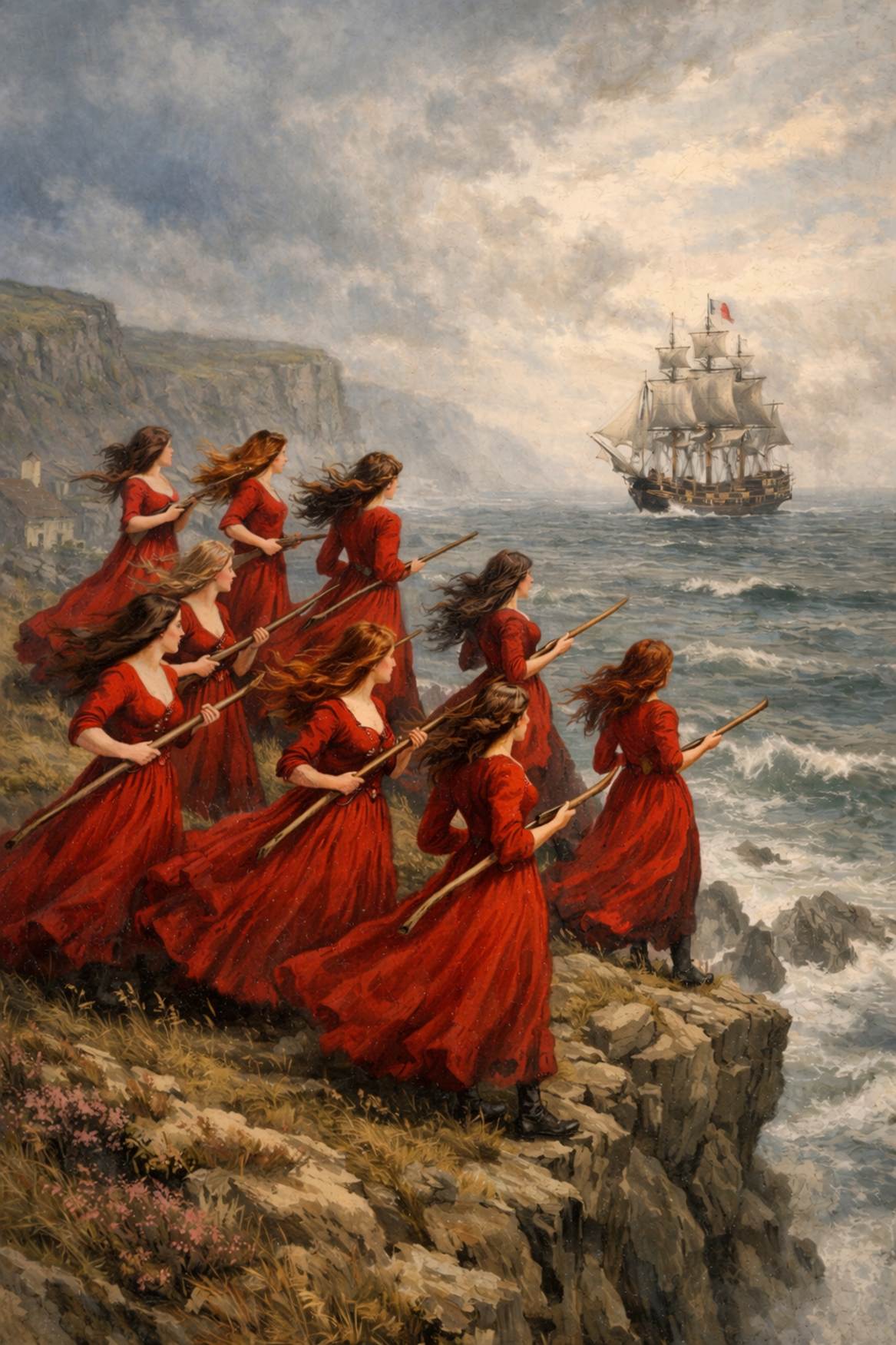 A painting of women in red dresses holding paddles

AI-generated content may be incorrect.